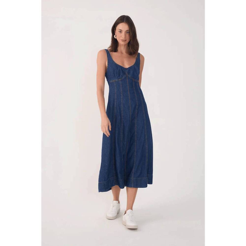 NEW DRESS TO denim topstitching sleeveless midi dress in dark wash